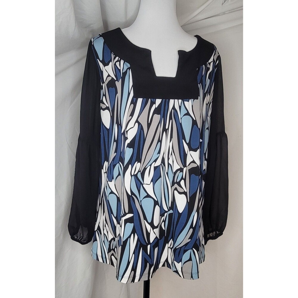 Avenue Womens Large 14-16 Black Blue White Casual Classy Sheer Long Sleeves